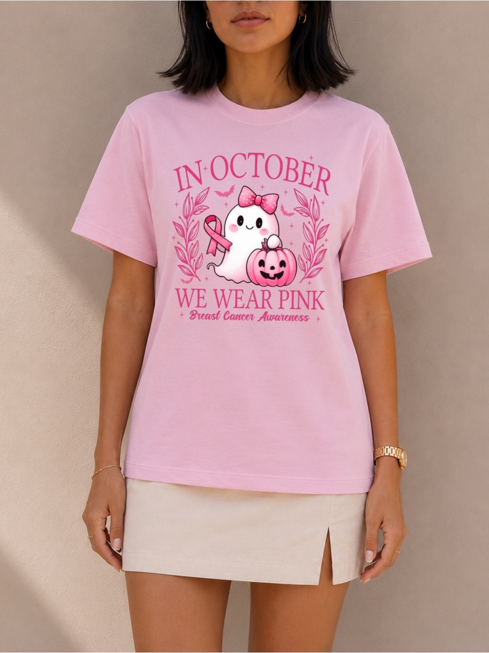 In October We Wear Pink Halloween Ghost T-Shirt Breast Cancer Tee